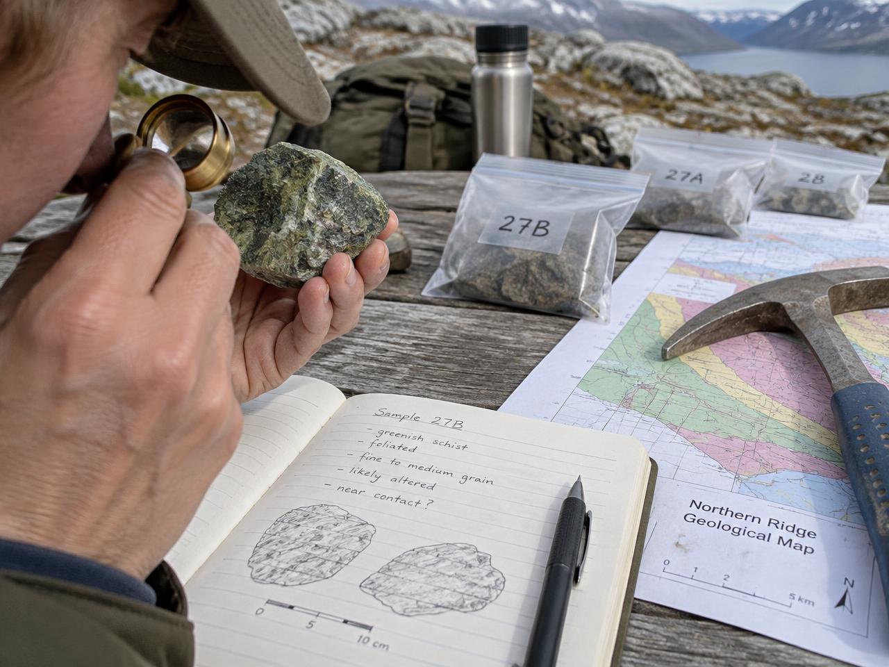 A geologist examining a rock sample with a hand lens beside field notes and sample bags