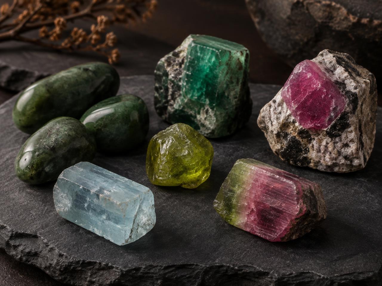 Rough nephrite and coloured gemstone specimens on slate
