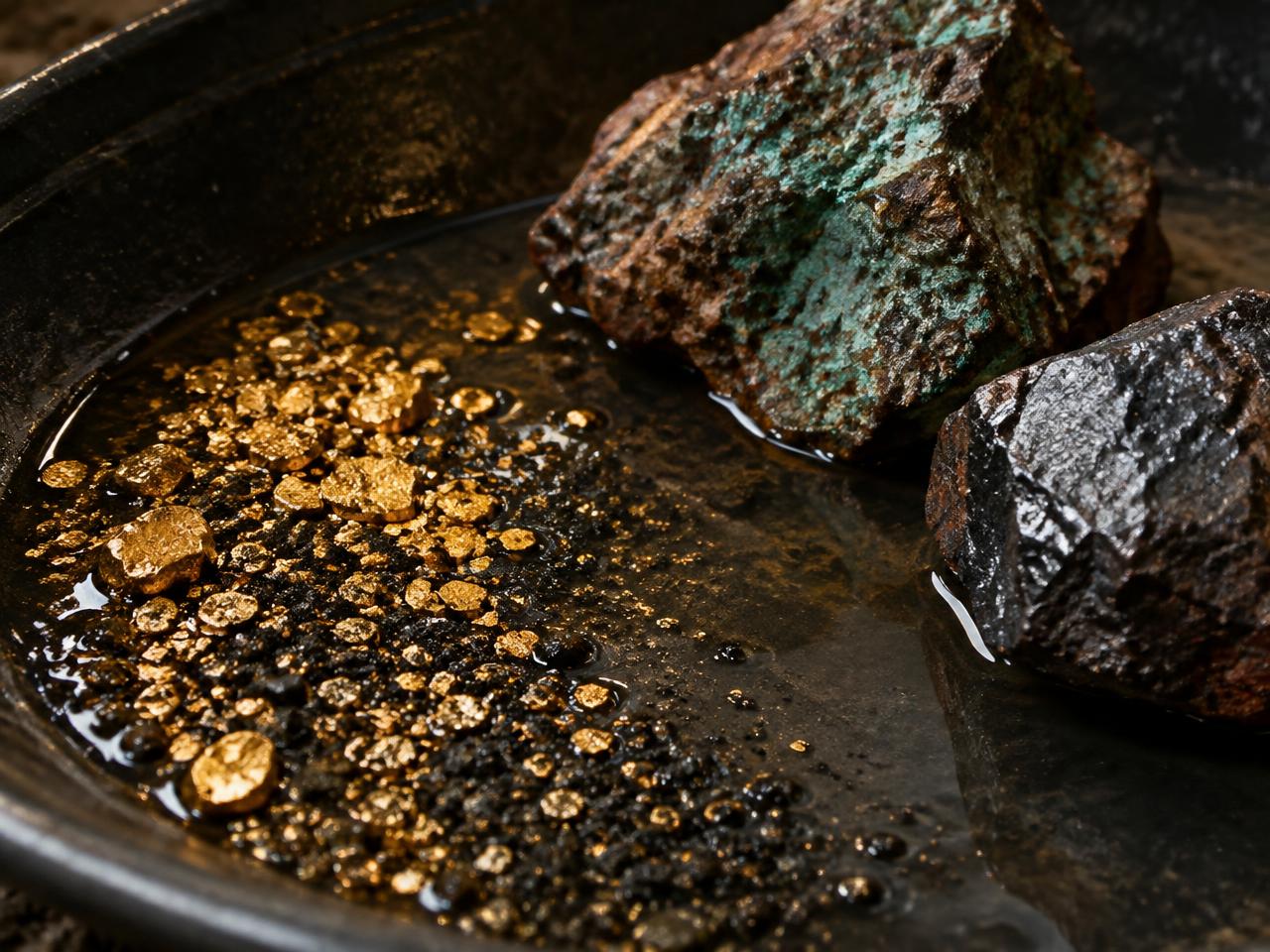 Placer gold flakes in a pan beside copper and iron ore