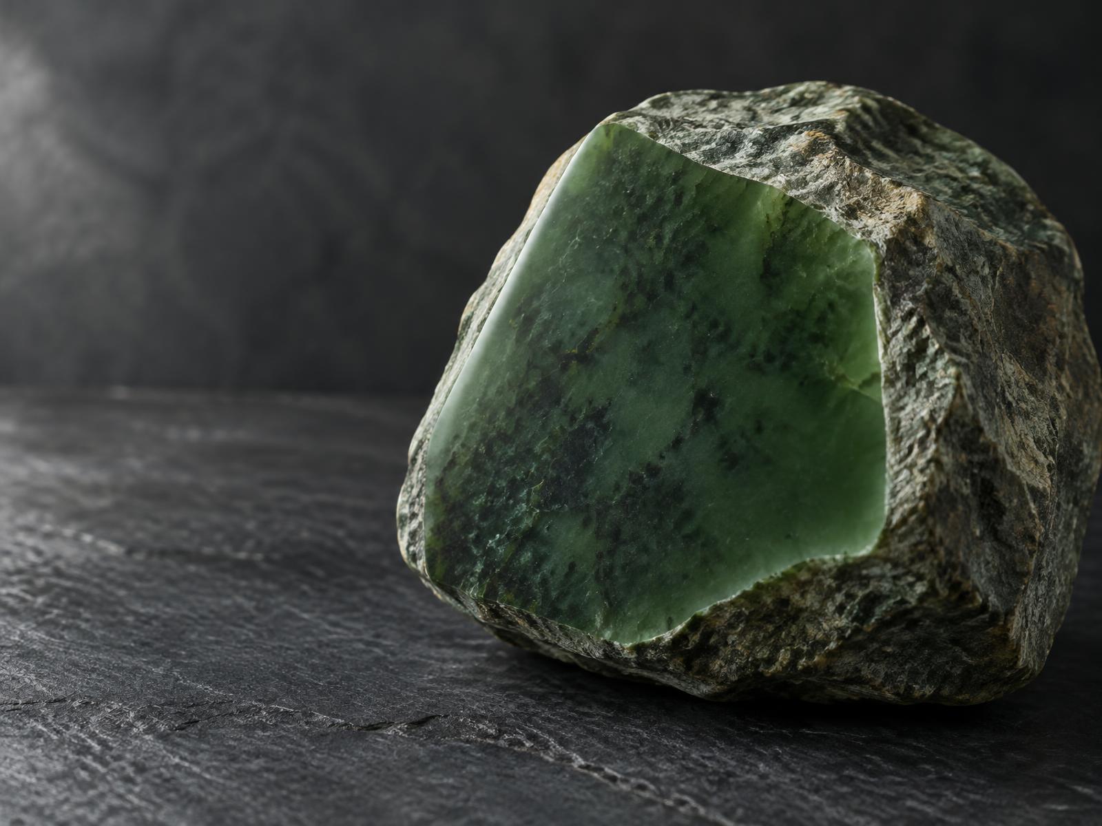 A rough nephrite jade boulder with one sawn, polished face showing deep green stone with darker mottling