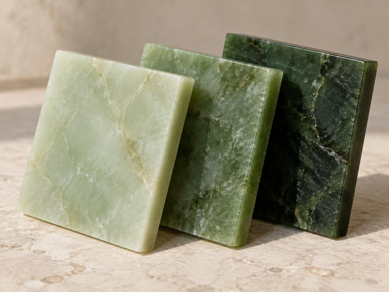 Three polished nephrite slabs in pale, mid and deep green, standing side by side on a light stone surface