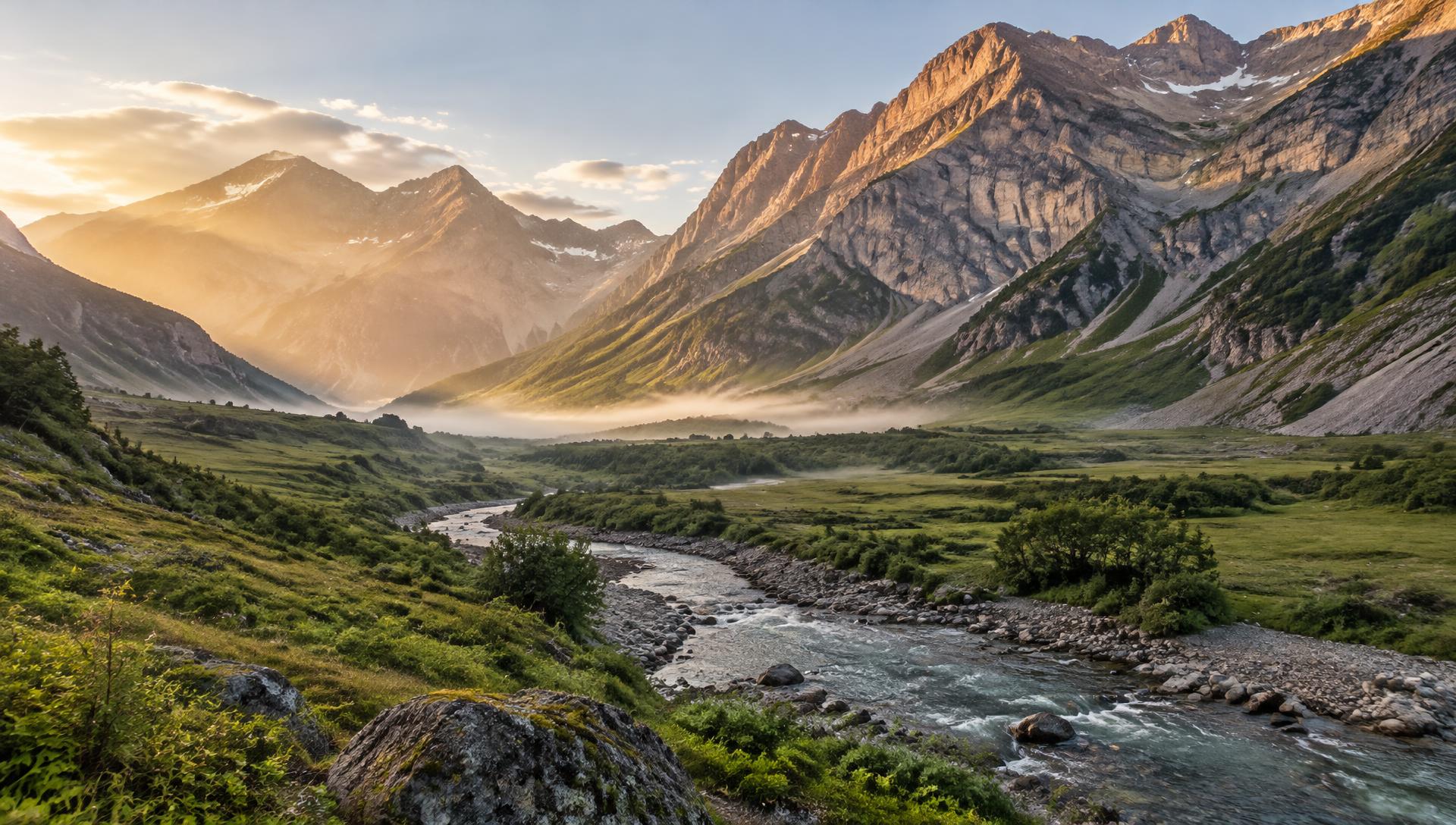 A quiet mountain valley with a river at first light